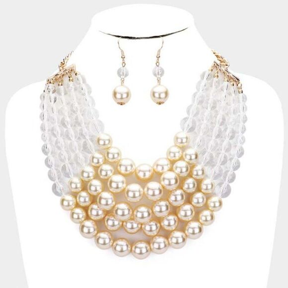 Pearl Cream Chunky Multi Strand Bib Necklace Set NWT - Picture 4 of 7